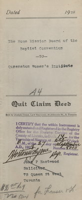 Quit Claim Deed between the Home Mission Board of the Baptist Convention and Queenston Women's Institute