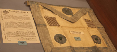 Masonic apron of Bro. E. V. Berggren.     Masonic identity card used during World War I