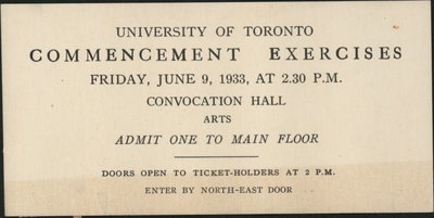 University of Toronto, Commencement Exercises Admission Ticket