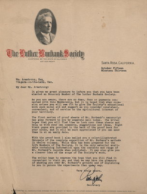 Letter from the Luther Burbank Society to William Armstrong