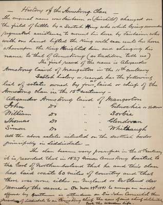 Handwritten notes on History of the Armstrong Clan