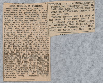 Obituary of Mrs. John H. C. Durham