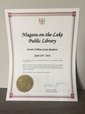 Certificate Given to the Niagara on the Lake Public Library for being an Ontario Trillium Grant Recipient in 2016.