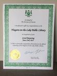 Certificate Presented to the Niagara on the Lake Public Library in recognition of their Grand Re-Opening in 2017