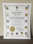 Certificate Presented to the Niagara on the Lake Public Library in recognition of the Canada 150 Community Program Renovations and Re-Opening in 2017