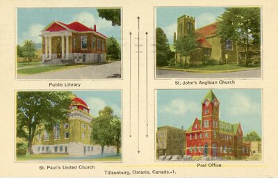 Public Library, St.Johns Anglican Church, St.Paul's United Church and Post Office. Tillsonburg