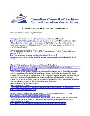 Canadian Council of Archives: Step-by-step guides to digitization projects