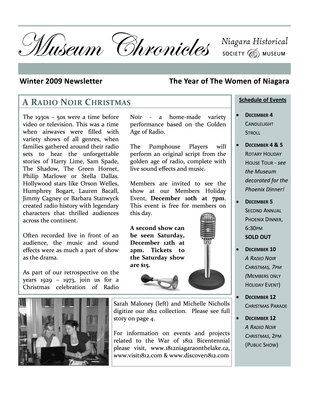 Museum Chronicles, Niagara Historical Society & Museum , Winter 2009 Newsletter