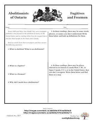 Abolitionists: Activity Sheets
