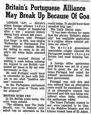 Barrie Examiner's Coverage on Diplomatic Disputes Between Portugal & Britain Regarding Goa Conflict, January 4, 1962