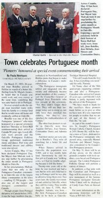 Oakville Beaver coverage on a commemoration ceremony of Portuguese Canadian pioneers in May with many renowned 1950s pioneers attending, May 7, 2003