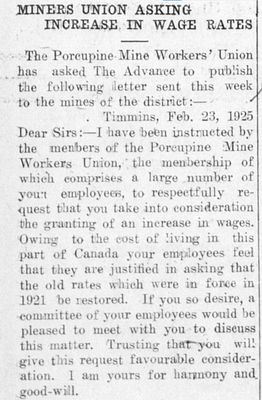 <i>The Porcupine Advance</i> Coverage on the Miners' Union Demanding A Wage Increase, 1923