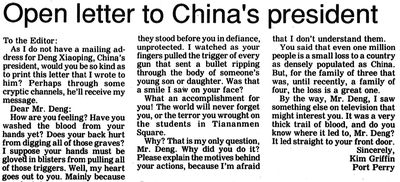 A Sarcastic Letter published in the <i>Port Perry Star</i> condemning the Chinese Communist regime's violence against student protesters, 1989