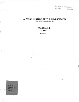 A family history of the Humphreys [Humphrys, Humphrey, Humphry] and their descendants, Archdalle [Archdale], Marks, Allen