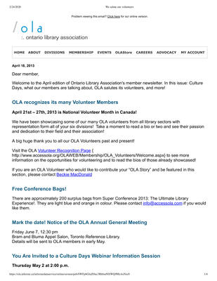 OLA eNewsletter (Toronto, ON: Ontario Library Association), 18 Apr 2013