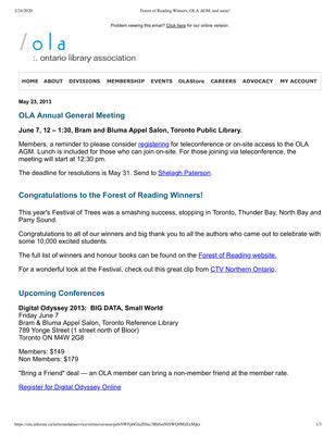 OLA eNewsletter (Toronto, ON: Ontario Library Association), 23 May 2013