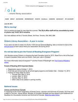 OLA eNewsletter (Toronto, ON: Ontario Library Association), 20 Jun 2013