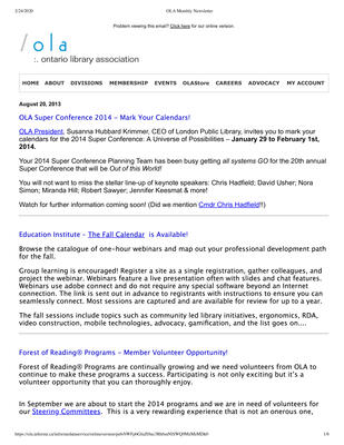 OLA eNewsletter (Toronto, ON: Ontario Library Association), 20 Aug 2013