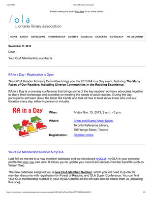 OLA eNewsletter (Toronto, ON: Ontario Library Association), 17 Sep 2013