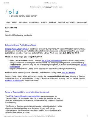 OLA eNewsletter (Toronto, ON: Ontario Library Association), 17 Oct 2013