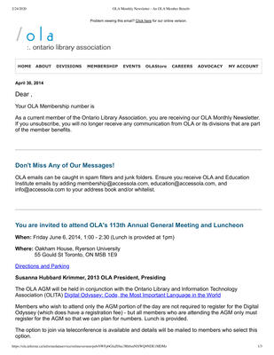 OLA eNewsletter (Toronto, ON: Ontario Library Association), 30 Apr 2014