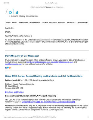 OLA eNewsletter (Toronto, ON: Ontario Library Association), 20 May 2014