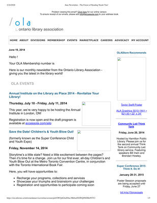 OLA eNewsletter (Toronto, ON: Ontario Library Association), 19 Jun 2014