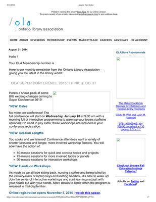 OLA eNewsletter (Toronto, ON: Ontario Library Association), 21 Aug 2014