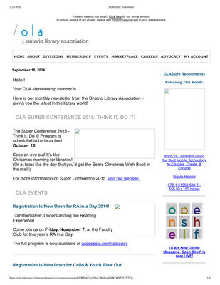 OLA eNewsletter (Toronto, ON: Ontario Library Association), 18 Sep 2014