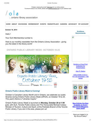 OLA eNewsletter (Toronto, ON: Ontario Library Association), 16 Oct 2014