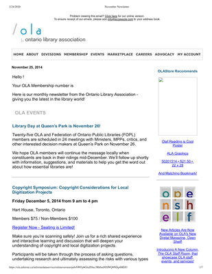 OLA eNewsletter (Toronto, ON: Ontario Library Association), 25 Nov 2014