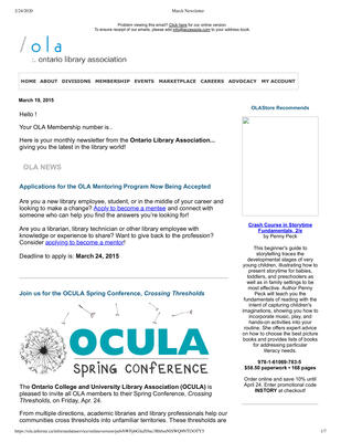 OLA eNewsletter (Toronto, ON: Ontario Library Association), 19 Mar 2015