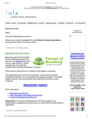 OLA eNewsletter (Toronto, ON: Ontario Library Association), 18 Sep 2015