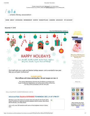 OLA eNewsletter (Toronto, ON: Ontario Library Association), 17 Dec 2015