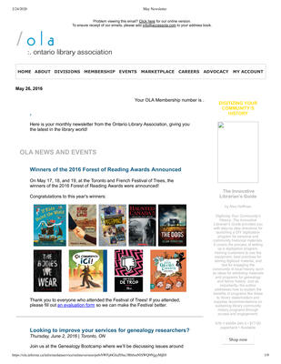 OLA eNewsletter (Toronto, ON: Ontario Library Association), 26 May 2016