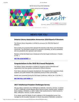 OLA eNewsletter (Toronto, ON: Ontario Library Association), 8 Feb 2018