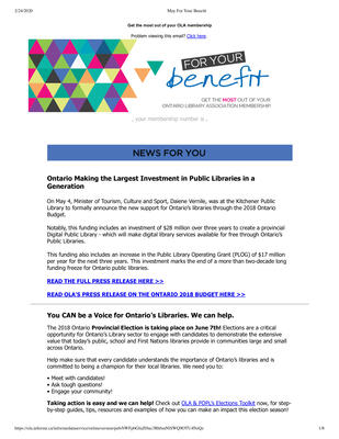 OLA eNewsletter (Toronto, ON: Ontario Library Association), 10 May 2018