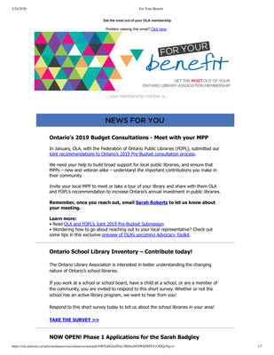 OLA eNewsletter (Toronto, ON: Ontario Library Association), 14 Feb 2019