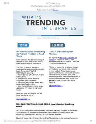 OLA eNewsletter (Toronto, ON: Ontario Library Association), 22 Feb 2019