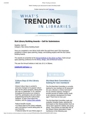 OLA eNewsletter (Toronto, ON: Ontario Library Association), 22 Mar 2019