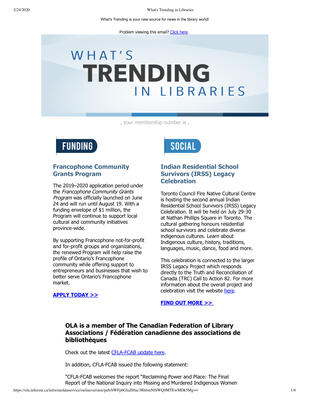 OLA eNewsletter (Toronto, ON: Ontario Library Association), 27 Jun 2019