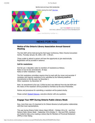 OLA eNewsletter (Toronto, ON: Ontario Library Association), 10 Oct 2019