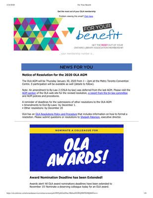 OLA eNewsletter (Toronto, ON: Ontario Library Association), 7 Nov 2019