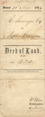 Deed of land, 1874. From Charles Sovereign to Sophia Carrigew (front panel)