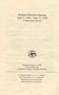 Program From The Memorial Service for William &quot;Bill&quot; Banting 1