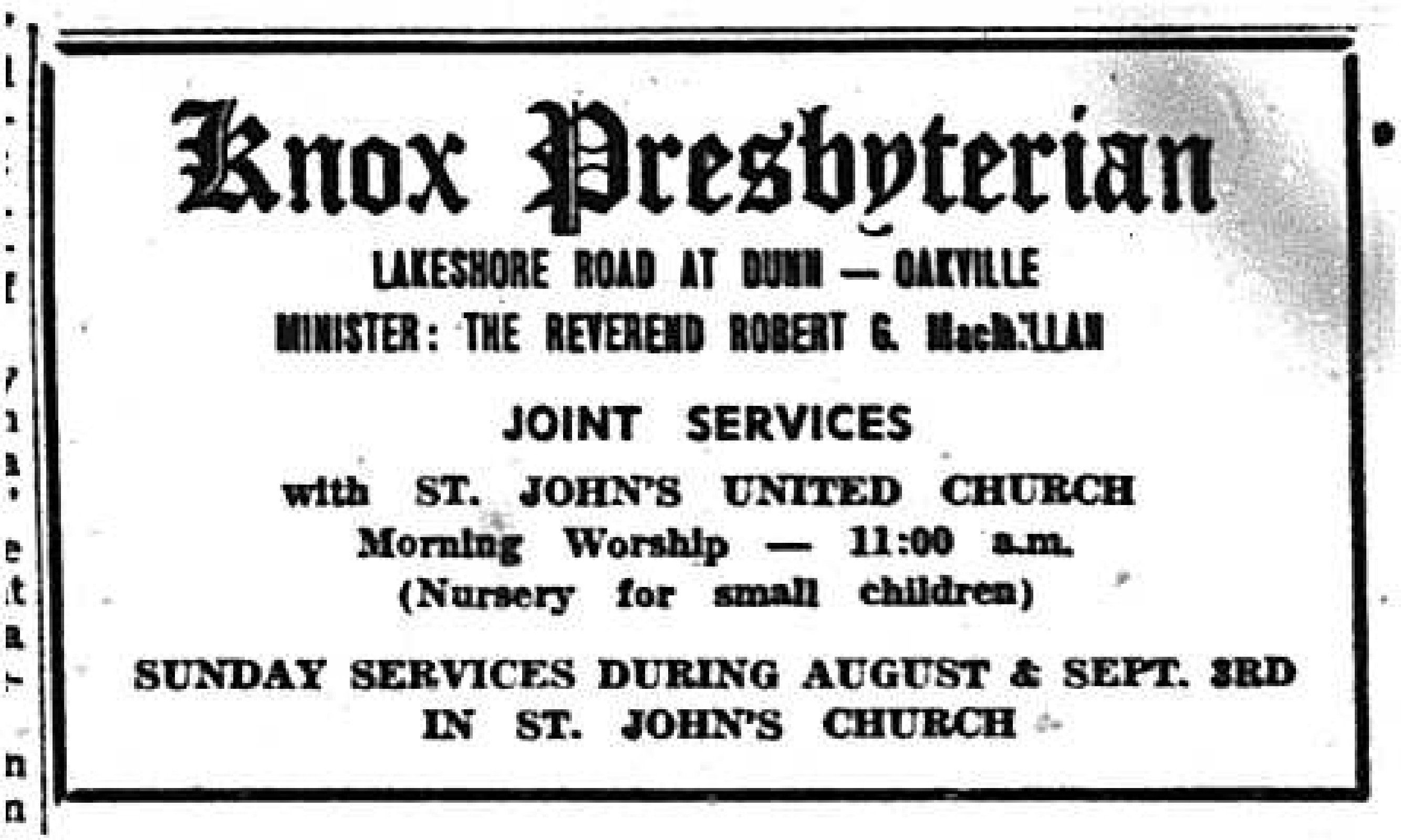 Knox Presbyterian Church Advertisement, 1967