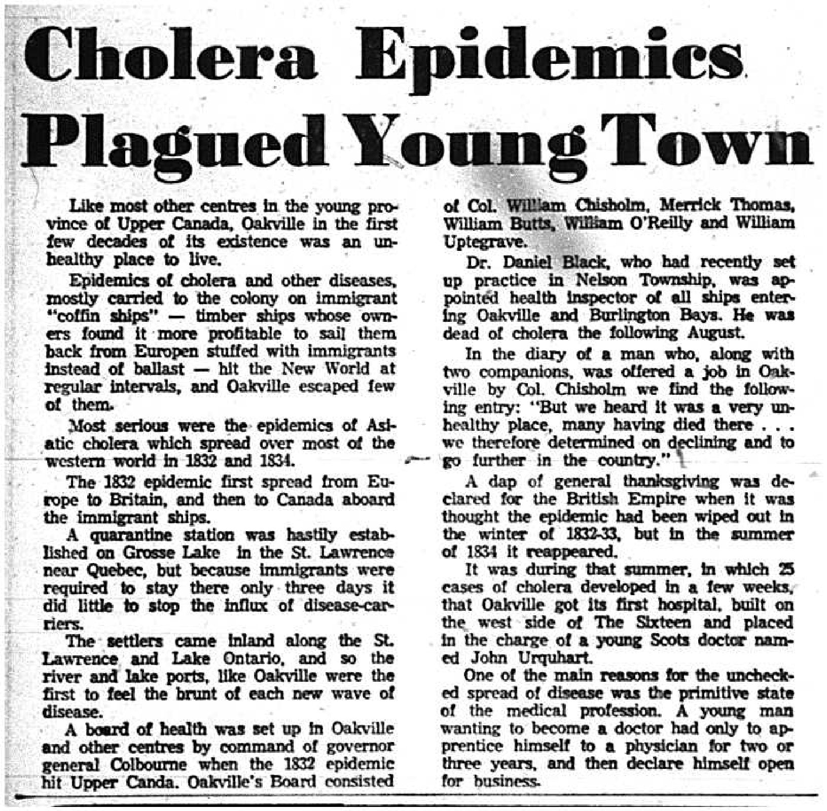 Cholera Epidemics Plagued Young Town