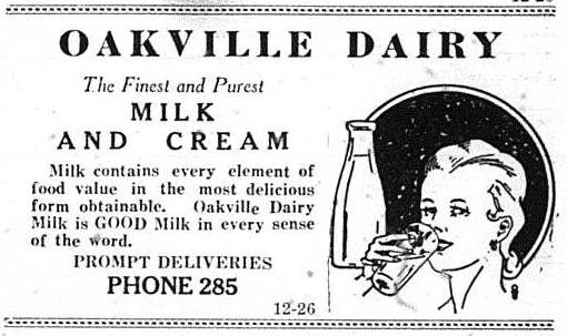 Oakville Dairy Advertisement, 1926