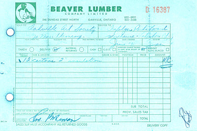 Receipt from 'Beaver Lumber' showing 'no charge'