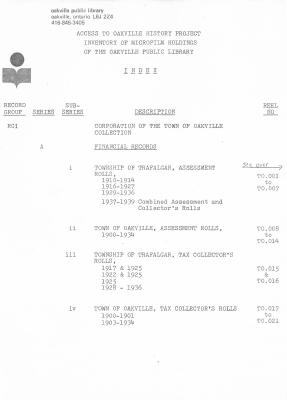 Microfilm Collection Index - Town of Oakville, Financial Records, Council Records, Assessment & Collector's Rolls, Bylaws, Minutes, Accounts